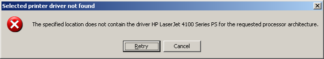 selected printer driver not found requested processor architecture